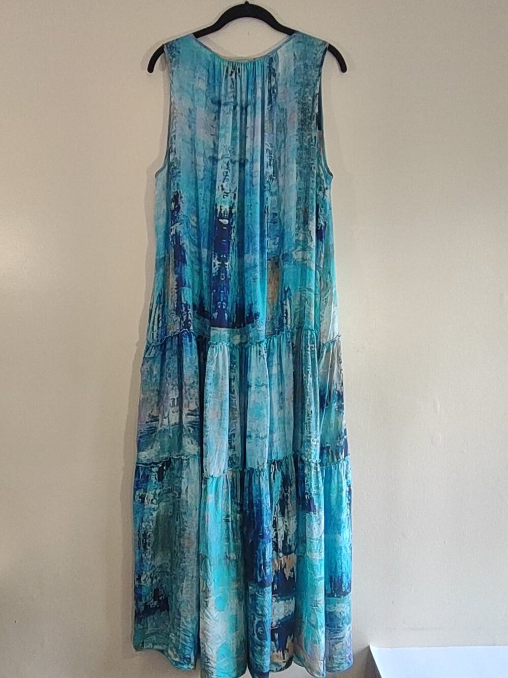 Johnny Was Mint Tiered Silk Maxi Dress Size Large Sea Blue Boho Chic Beach - Picture 7 of 15